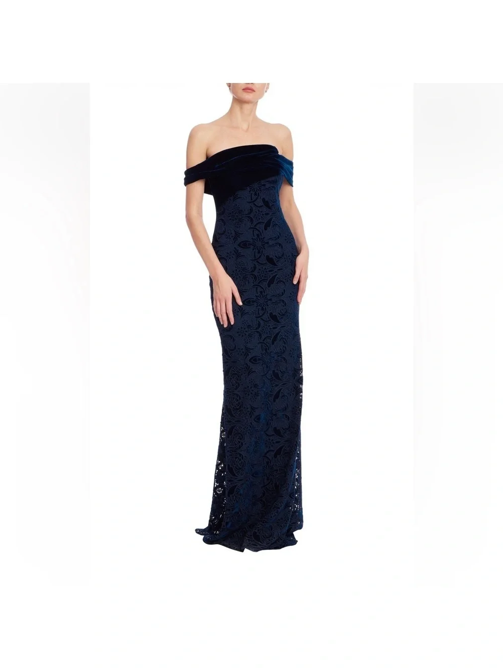 Badgley Mischka Navy off the Shoulder Lace Evening Gown sz 4 elegant formal $990